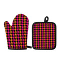 Orange Pink And Black Houndstooth Print Oven Mitt And Pot Holder Set