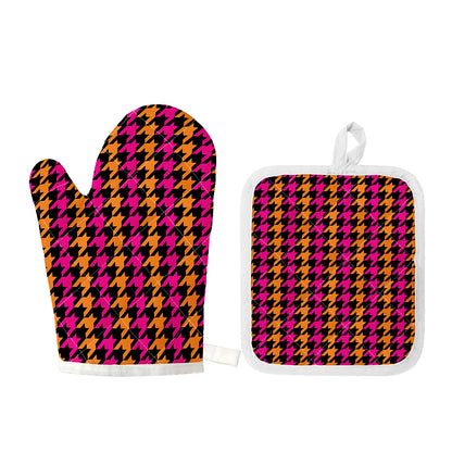 Orange Pink And Black Houndstooth Print Oven Mitt And Pot Holder Set
