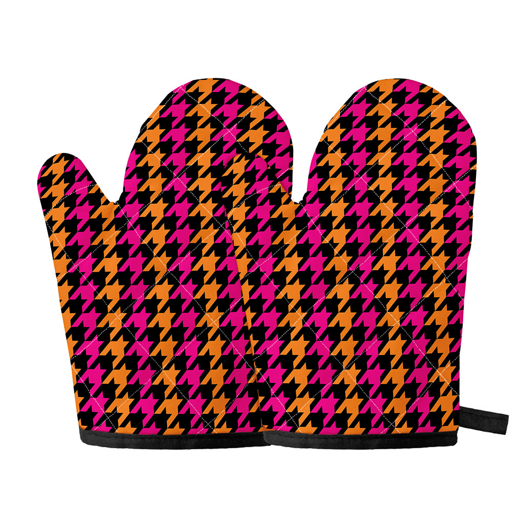 Orange Pink And Black Houndstooth Print Oven Mitts