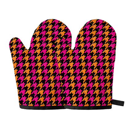 Orange Pink And Black Houndstooth Print Oven Mitts