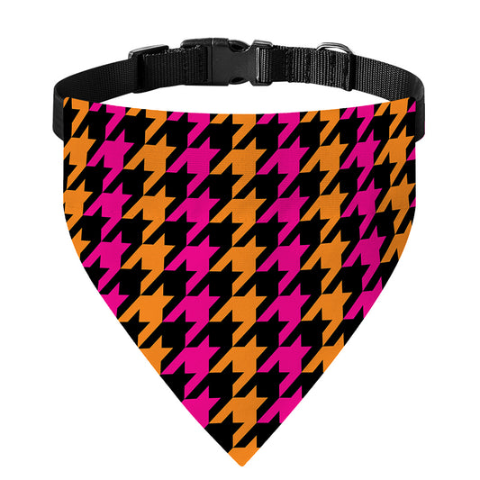 Orange Pink And Black Houndstooth Print Over The Collar Dog Bandana