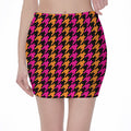 Orange Pink And Black Houndstooth Print Pencil Mini Skirt