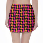 Orange Pink And Black Houndstooth Print Pencil Mini Skirt