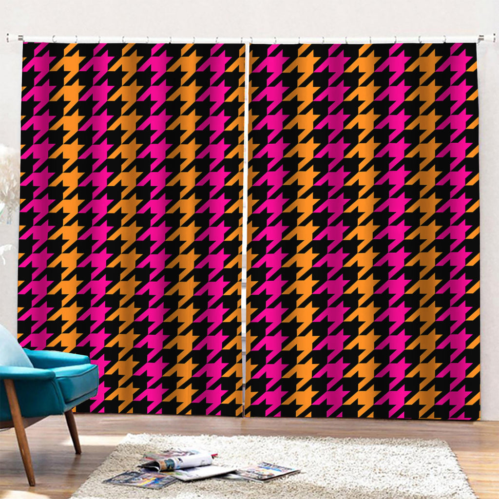 Orange Pink And Black Houndstooth Print Pencil Pleat Curtains