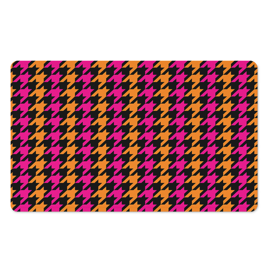 Orange Pink And Black Houndstooth Print Polyester Doormat