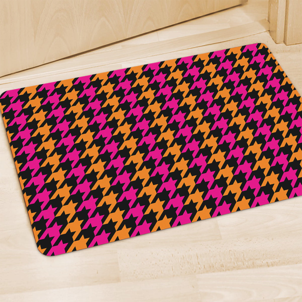 Orange Pink And Black Houndstooth Print Polyester Doormat