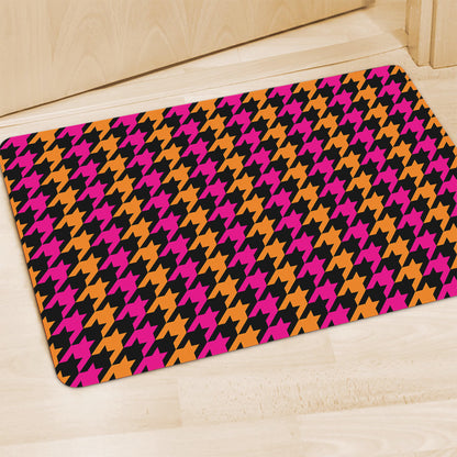 Orange Pink And Black Houndstooth Print Polyester Doormat