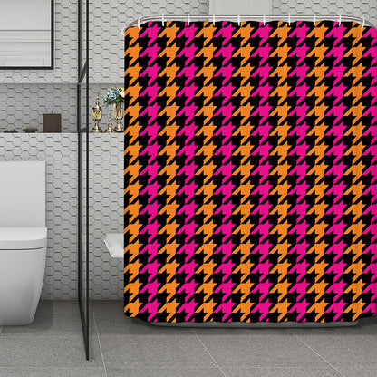 Orange Pink And Black Houndstooth Print Polyester Shower Curtain