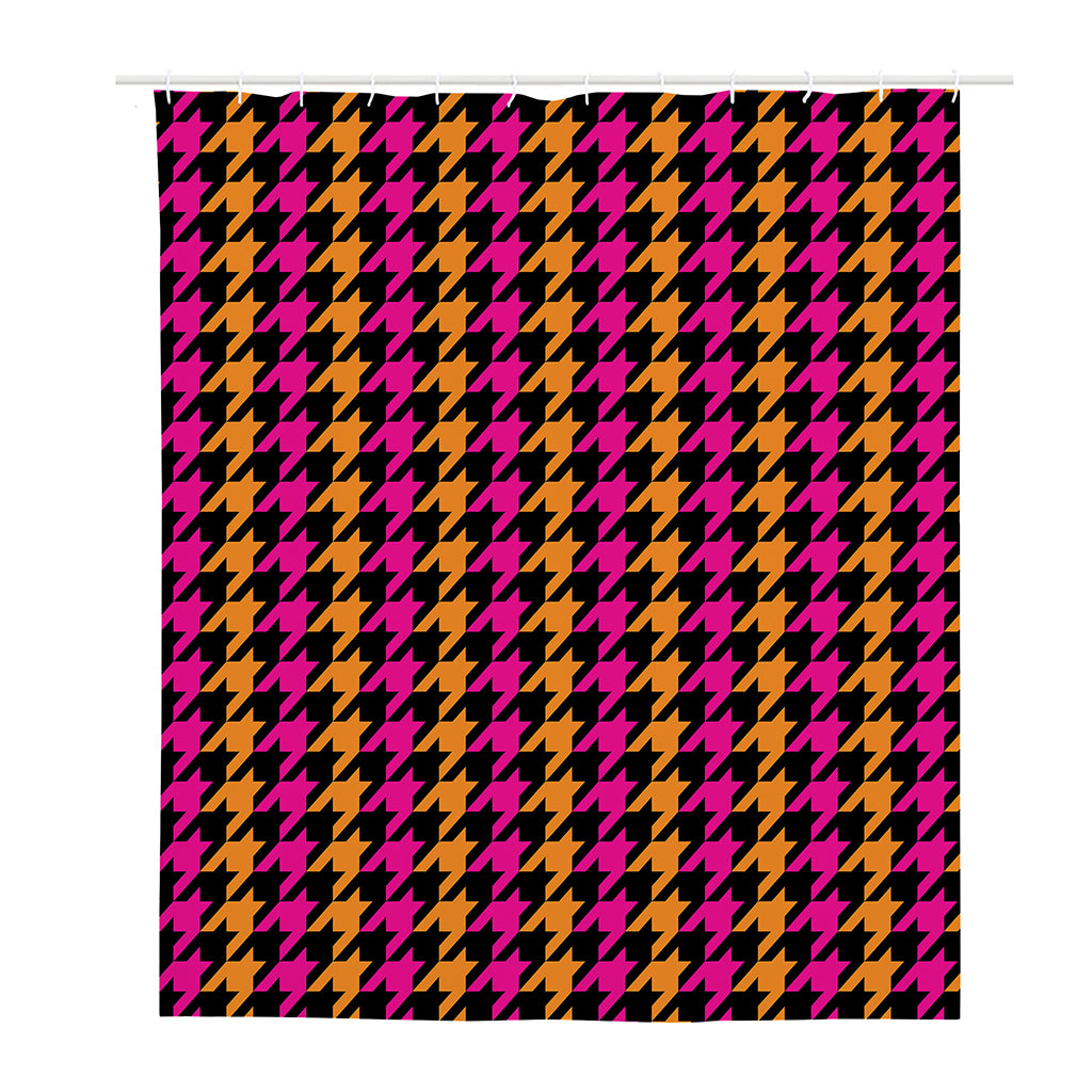 Orange Pink And Black Houndstooth Print Polyester Shower Curtain
