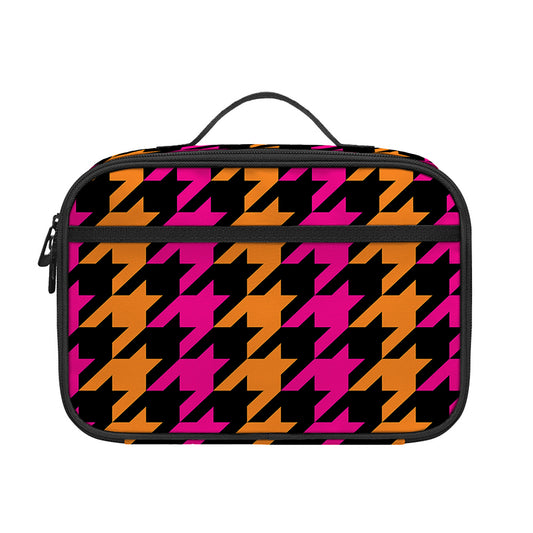 Orange Pink And Black Houndstooth Print Portable Lunch Bag