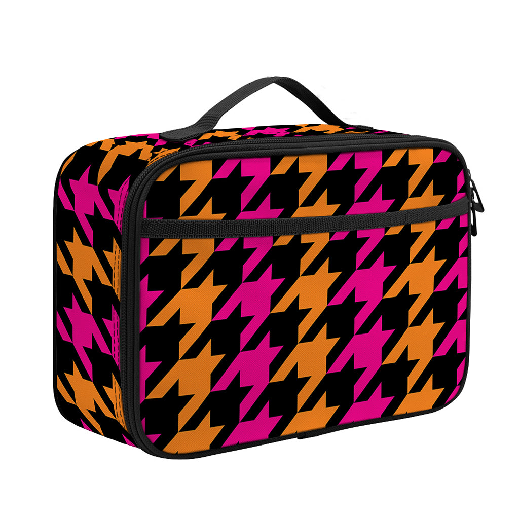 Orange Pink And Black Houndstooth Print Portable Lunch Bag