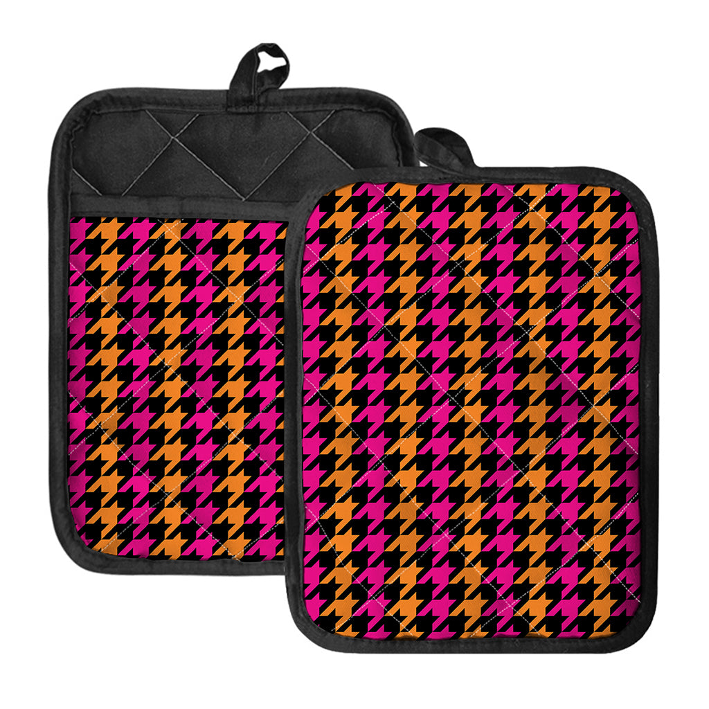 Orange Pink And Black Houndstooth Print Pot Holders With Pocket