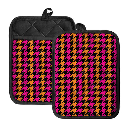 Orange Pink And Black Houndstooth Print Pot Holders With Pocket