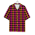 Orange Pink And Black Houndstooth Print Rayon Hawaiian Shirt