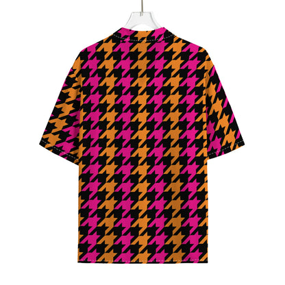 Orange Pink And Black Houndstooth Print Rayon Hawaiian Shirt