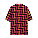Orange Pink And Black Houndstooth Print Rayon Hawaiian Shirt