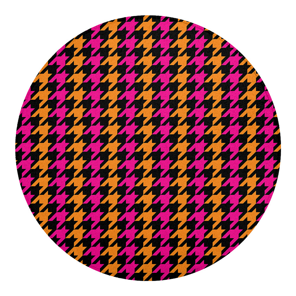 Orange Pink And Black Houndstooth Print Round Blanket