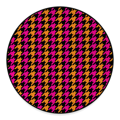 Orange Pink And Black Houndstooth Print Round Floor Mat