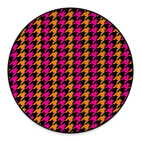 Orange Pink And Black Houndstooth Print Round Floor Mat
