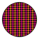 Orange Pink And Black Houndstooth Print Round Floor Mat