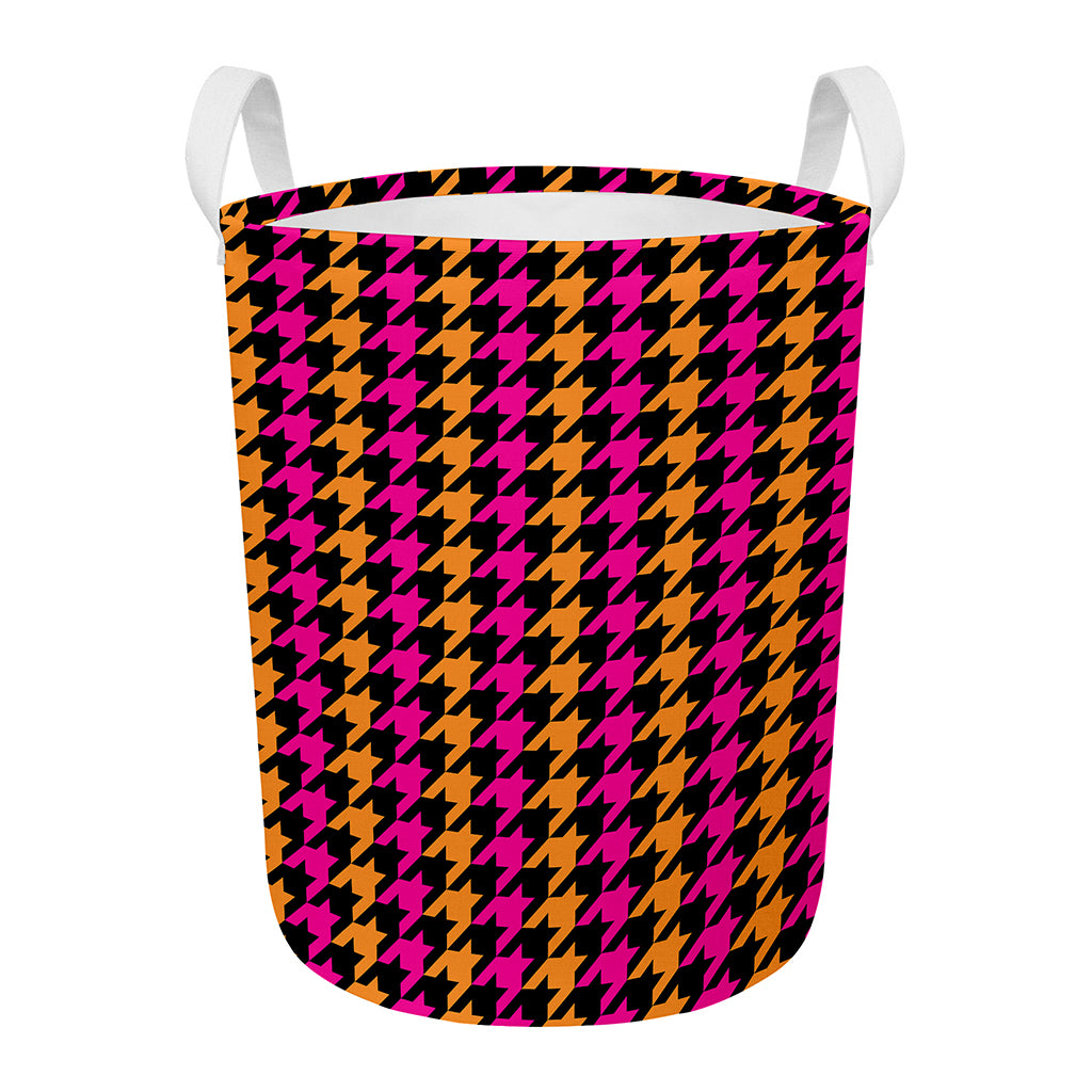 Orange Pink And Black Houndstooth Print Round Laundry Basket