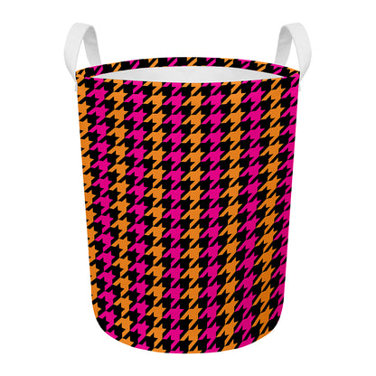 Orange Pink And Black Houndstooth Print Round Laundry Basket