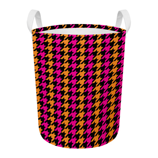Orange Pink And Black Houndstooth Print Round Laundry Basket