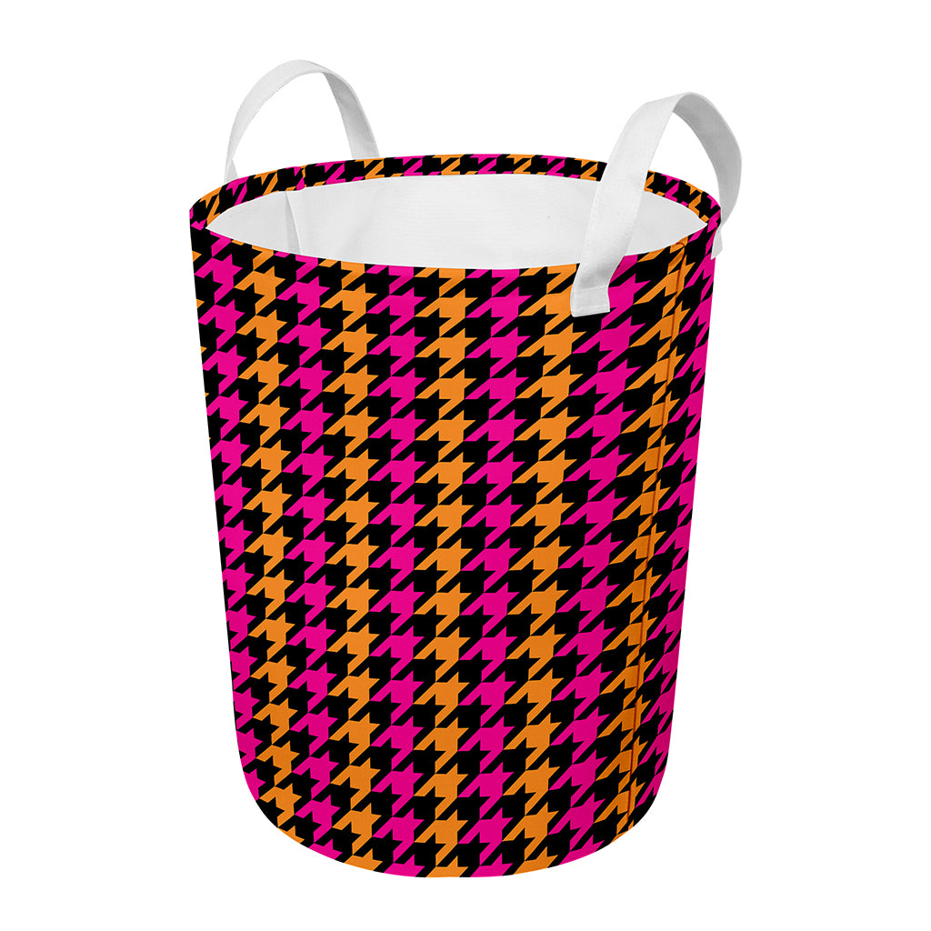 Orange Pink And Black Houndstooth Print Round Laundry Basket