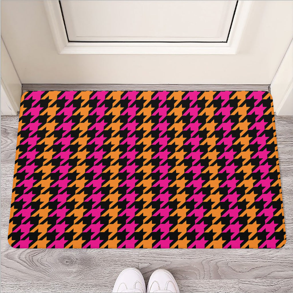 Orange Pink And Black Houndstooth Print Rubber Doormat