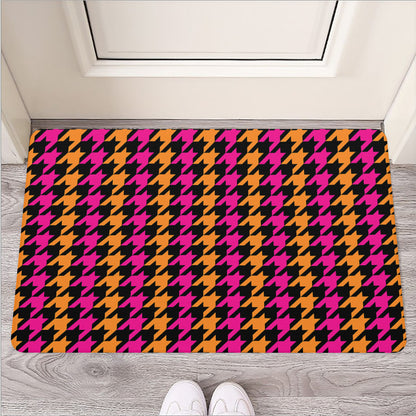 Orange Pink And Black Houndstooth Print Rubber Doormat