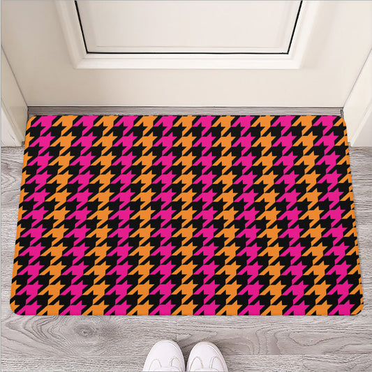 Orange Pink And Black Houndstooth Print Rubber Doormat