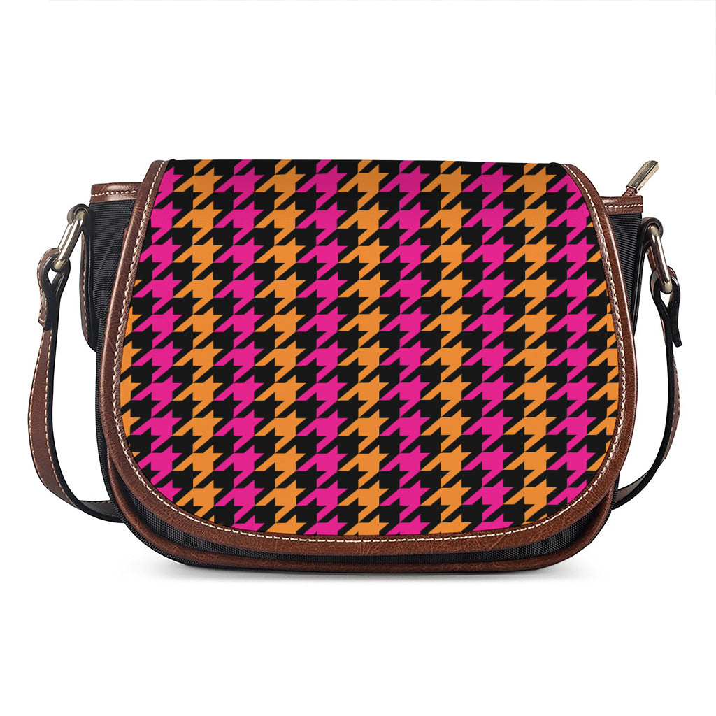 Orange Pink And Black Houndstooth Print Saddle Bag
