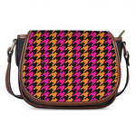 Orange Pink And Black Houndstooth Print Saddle Bag