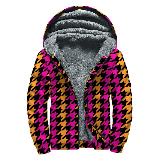 Orange Pink And Black Houndstooth Print Sherpa Lined Zip Up Hoodie