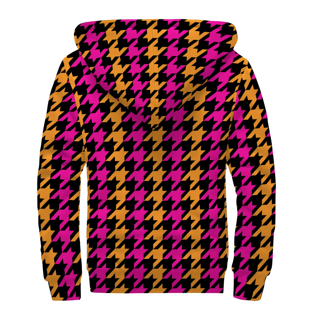 Orange Pink And Black Houndstooth Print Sherpa Lined Zip Up Hoodie