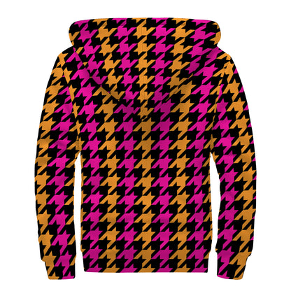 Orange Pink And Black Houndstooth Print Sherpa Lined Zip Up Hoodie