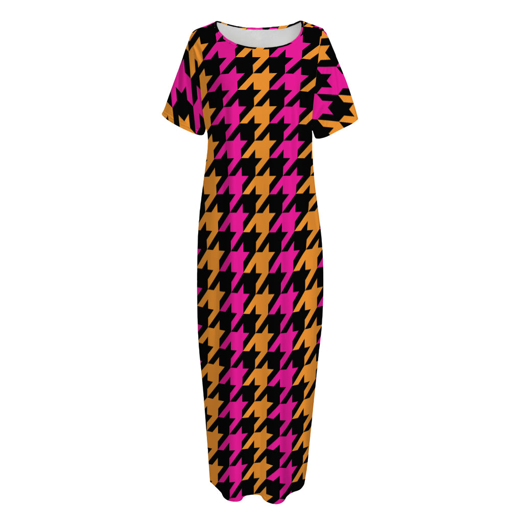 Orange Pink And Black Houndstooth Print Short Sleeve Long Nightdress