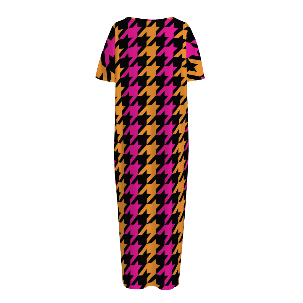 Orange Pink And Black Houndstooth Print Short Sleeve Long Nightdress