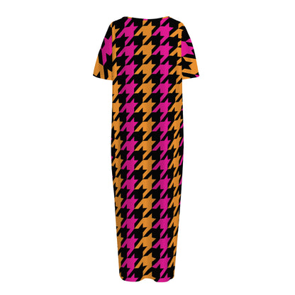 Orange Pink And Black Houndstooth Print Short Sleeve Long Nightdress