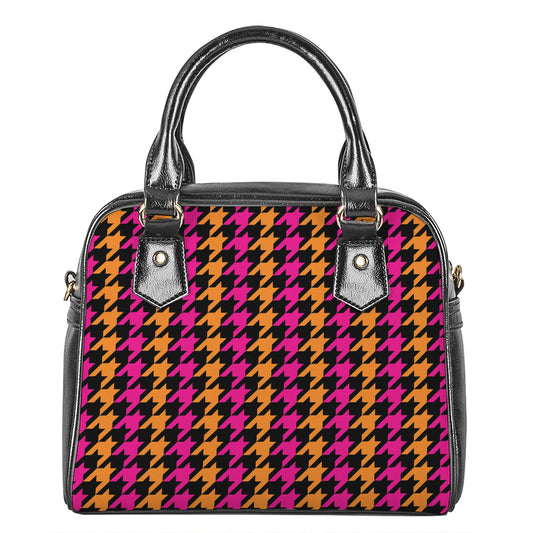 Orange Pink And Black Houndstooth Print Shoulder Handbag