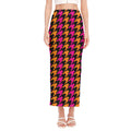 Orange Pink And Black Houndstooth Print Side Slit Maxi Skirt