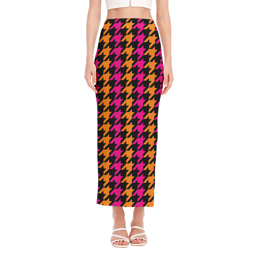 Orange Pink And Black Houndstooth Print Side Slit Maxi Skirt