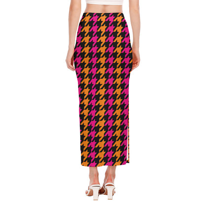 Orange Pink And Black Houndstooth Print Side Slit Maxi Skirt