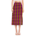 Orange Pink And Black Houndstooth Print Side Slit Midi Skirt