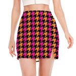 Orange Pink And Black Houndstooth Print Side Slit Mini Skirt