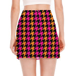 Orange Pink And Black Houndstooth Print Side Slit Mini Skirt