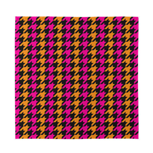 Orange Pink And Black Houndstooth Print Silk Bandana