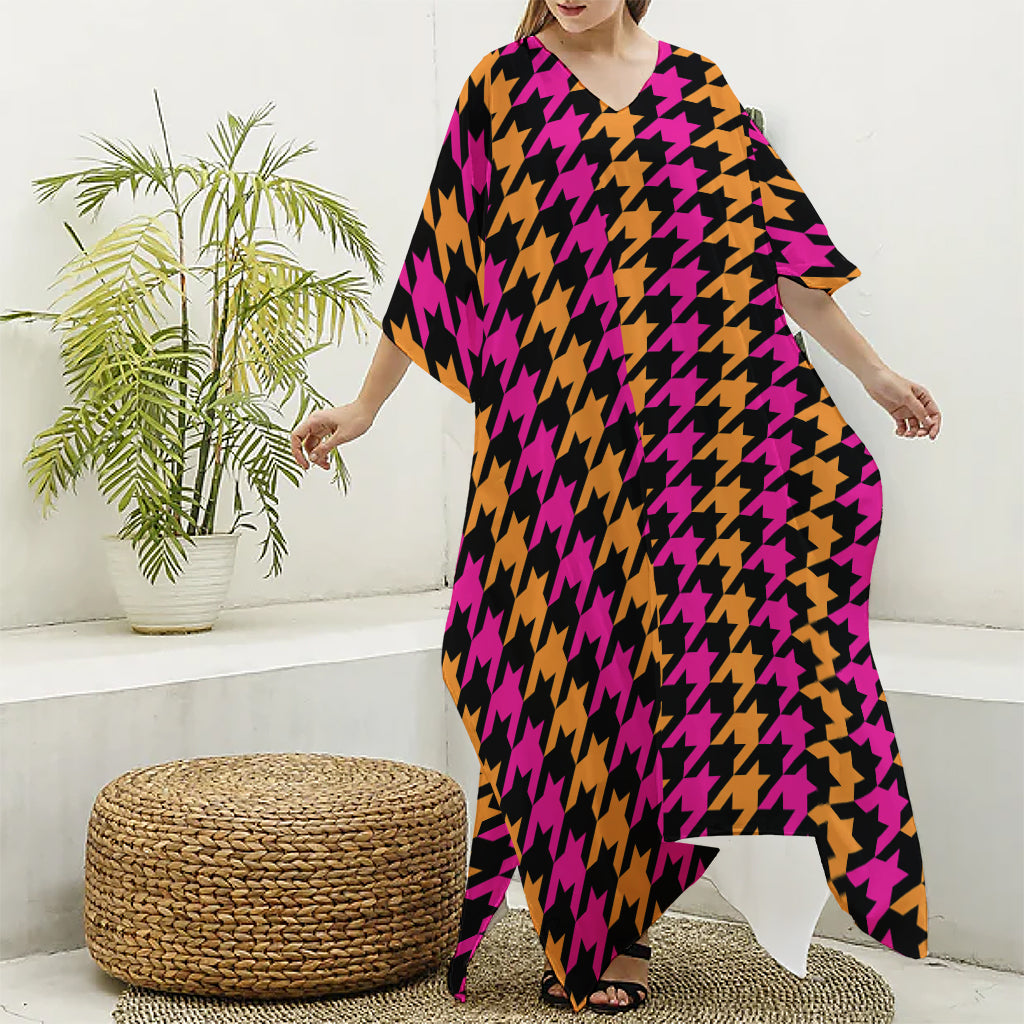 Orange Pink And Black Houndstooth Print Silk V-Neck Kaftan Dress