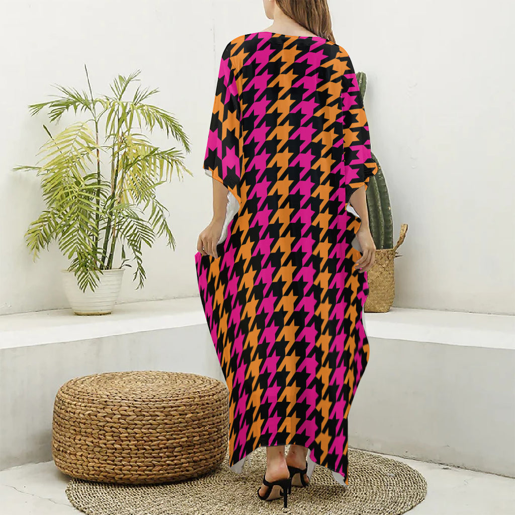 Orange Pink And Black Houndstooth Print Silk V-Neck Kaftan Dress