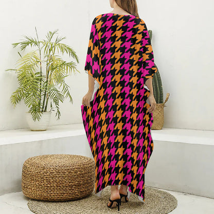 Orange Pink And Black Houndstooth Print Silk V-Neck Kaftan Dress